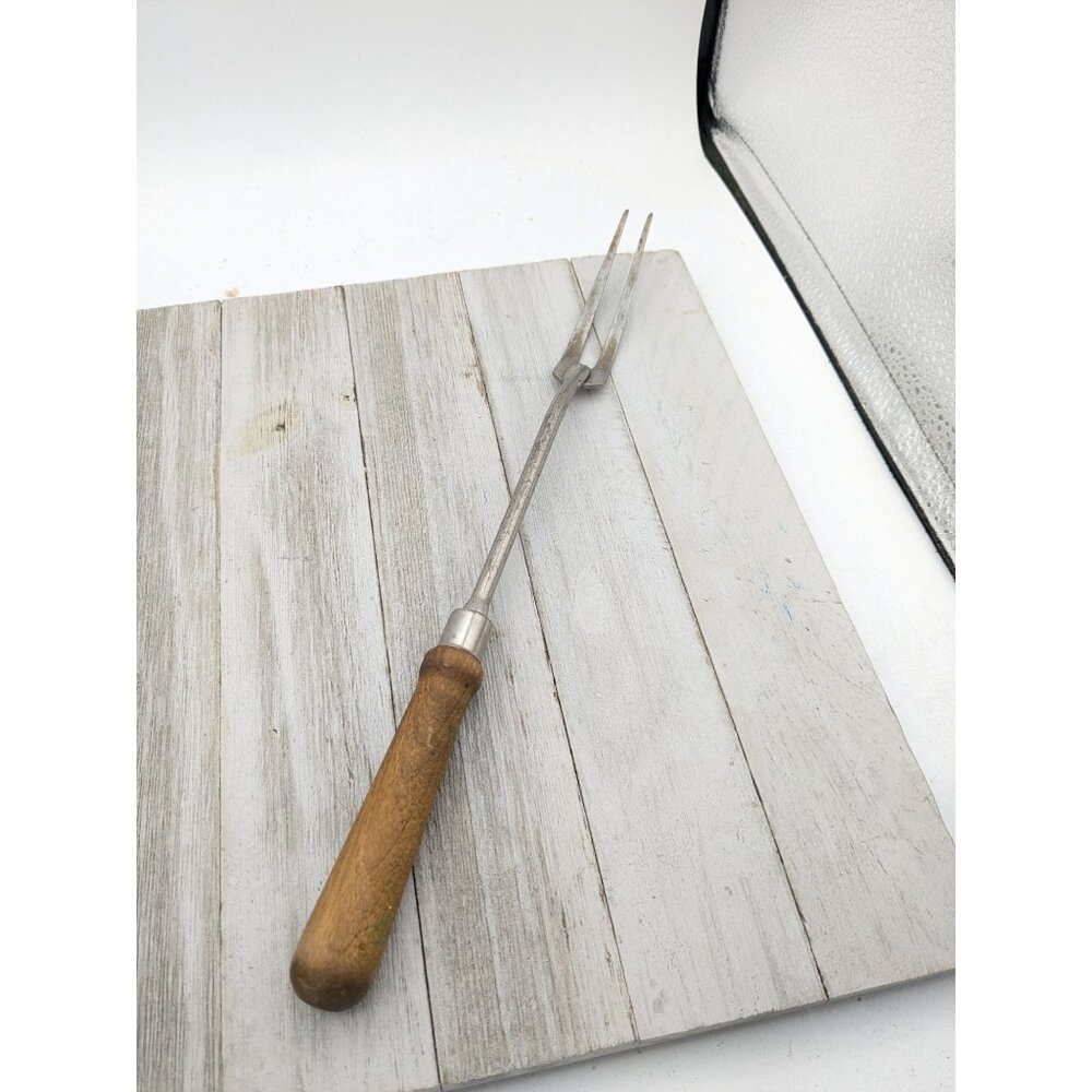 Vintage A&J Solid Meat Utility Fork #1 Wood Handle 12 3/4"
